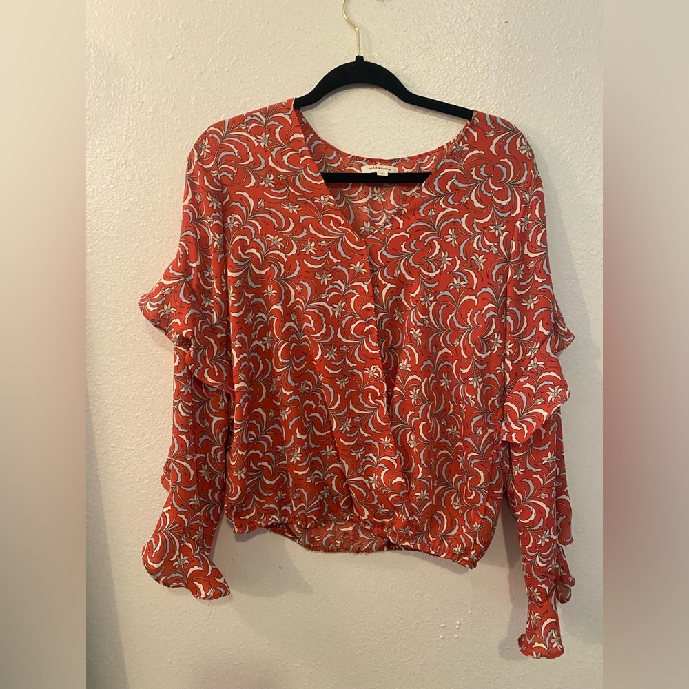Max Studio Red and White Floral Long sleeve Blouse size Large
